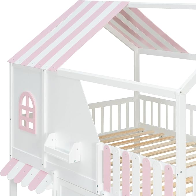 Merax Full Over Full Wood House Bunk Bed with Storage Staircase & Shelves, Floor Multifunction Bunk Bed with Full Length Gardrails for Bedroom,Playhouse Design, Roof & Door, Space Saving,White+Pink