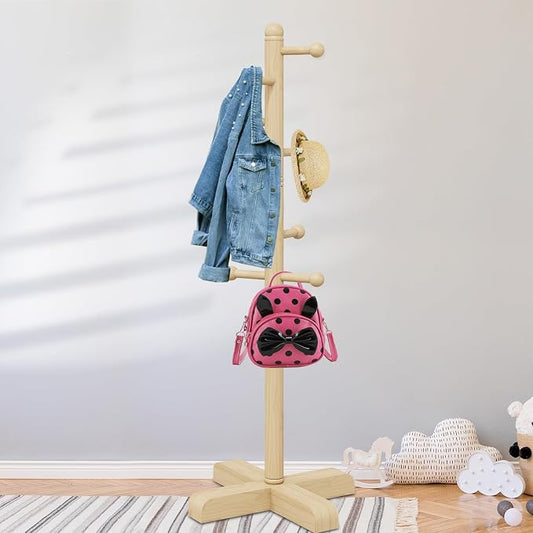 Coat Rack, Freestanding Coat Racks with 8 Hooks 2 Adjustable Height, Tree Coat Rack for Bedroom, Hallway, Entrance, Office, Hats, Handbags,Purse (Nature)