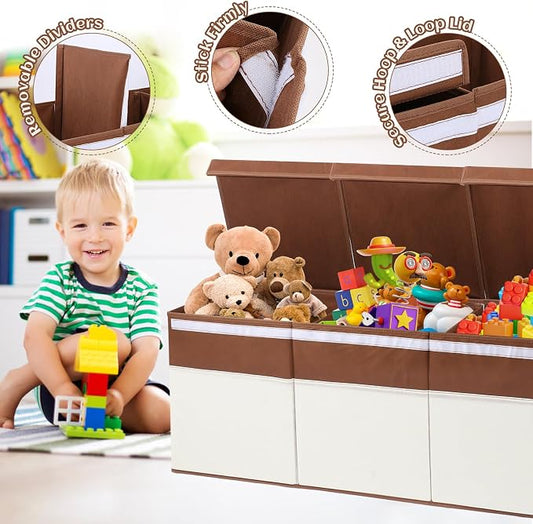 FIIOEOY Extra Large Toy Box with Lids, Collapsible Toy Storage Organizer with Divider for Kids, Sturdy Toy Chest for Bedroom, Nursery, Living Room, Playroom, 40"x14"x16", White & Brown