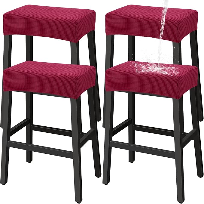 YISUN Stool Covers Rectangle - 4 Pack Stretch Waterproof Saddle Seat Cover Counter Bar Stools Bar Chairs Covers Kitchen Island Chairs Cushion Protector (4, Wine Red)