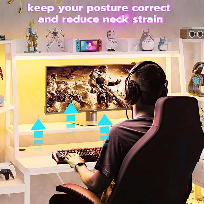 SEDETA White Gaming Desk 65.7'' with LED Lights, Hutch and Storage Shelves, Computer Desk with Monitor Stand, Large PC Gamer Desk Workstation, Ergonomic Gaming Table for Bedroom, Living Room