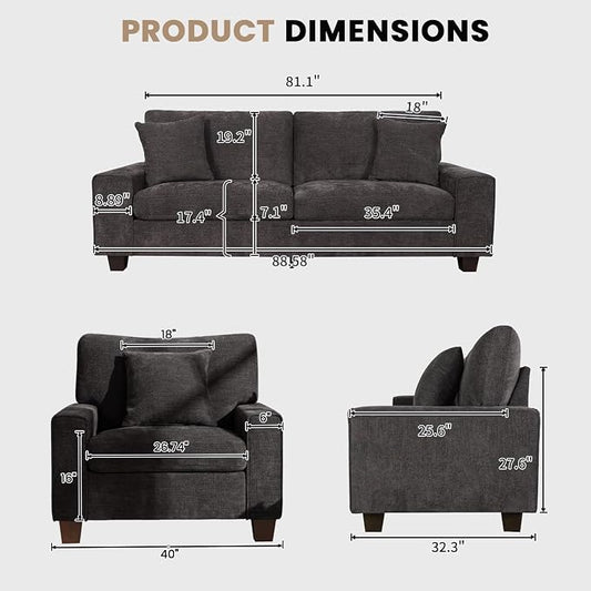 DOPEDIO Modern Living Room Sofa Set, 88.58" Chenille Loveseat with 2 Accent Chairs, Removable Covers, Spring Cushions, Solid Wood Frame, Easy Assembly(88.58inch+2 Single,Dark Grey)