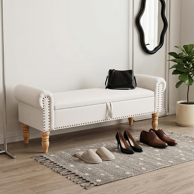 Storage Bench for Bedroom, 60" End of Bed Bench Premium Linen Upholstered Storage Ottoman, Entryway, Closet, Beige