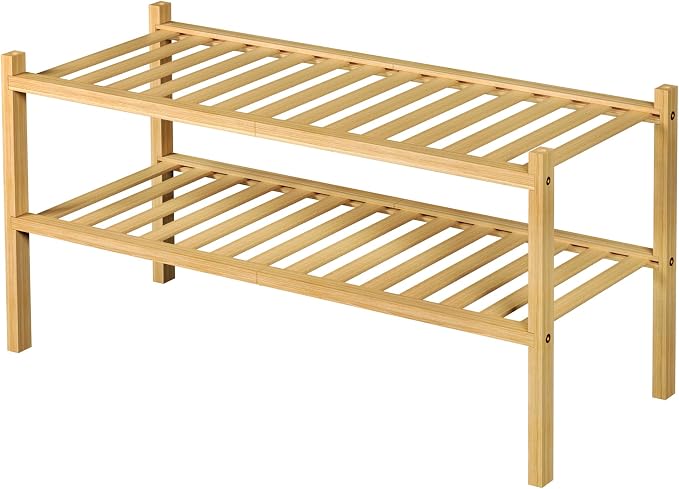 ROMGUAR CRAFT 2 Tier Bamboo Shoe Rack for Closet Free Standing Wood Shoe Shelf for Entryway Small Space Stackable 27"x11"x13" (Natural)