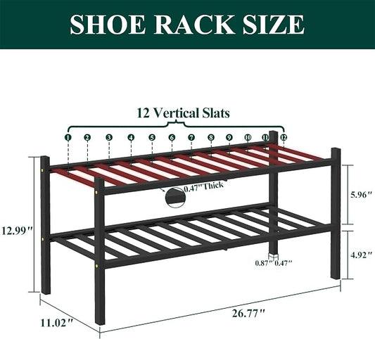 Smiry Bamboo Shoe Rack, 2 Tier Free Standing Wooden Shoe Organizer, Stackable Wood Shoe Storage Shelf for Closet, Entryway, 12 Vertical Slats, One-piece Standard Legs, 26.8"x11"x13", Black