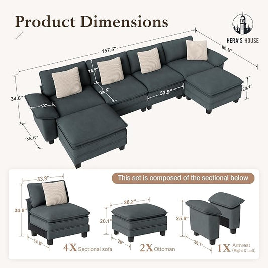 HERA'S HOUSE 158" Oversized Modular Sectional Sofa, Comfy U Shaped Couches for Living Room, Cloud Couch with Ottoman, 6-Seater Deep Seat Sofa with Throw Pillow, Chenille Blue