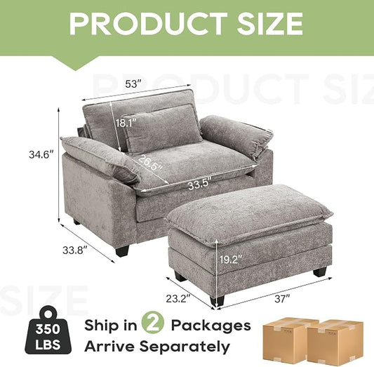 Oprisen 53" Modular Sectional Sofa, Comfy Cloud Couch Sectional Sofa with Ottoman, Chenille Sofa Sleeper Deep Seat Sofa with Throw Pillows for Living Room (Light Gray)