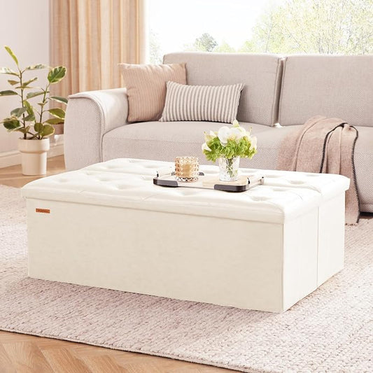 HAUSFRAU Storage Ottoman Bench with Flipping Lid, 43.3 Inches Storage Chest Footsrest, Folding Foot Stool for Entryway, Living Room, Bedroom, Synthetic Leather Ivory