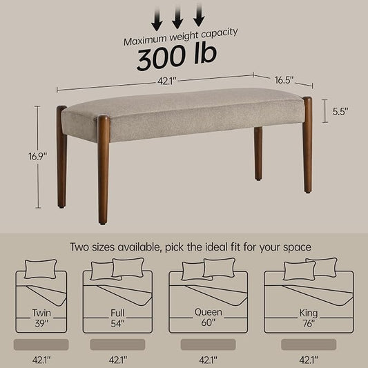 Usaint 42" End of Bed Bench, Modern Upholstered Bedroom Bench with Rubberwood Legs, Entryway Bench with Cushion, Dining Bench for Living Room, Bedroom, Brown with Walnut Leg