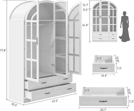 Squireewo 78" Arched Armoire Wardrobe Closet with Motion Sensor LED Light, 3 Windowpane Glass Doors & 4 Drawers, Large Wood Bedroom Storage Cabinet, Clothing Organizer with Hanging Rod, White