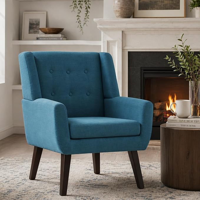 HUIMO Button-Tufted Accent Chairs,Upholstered Reading Living Room Chair,Mid Century Modern Chair with Linen Fabric, Club Chair,Comfy Arm Chairs for Living Room,Bedroom Lake Blue
