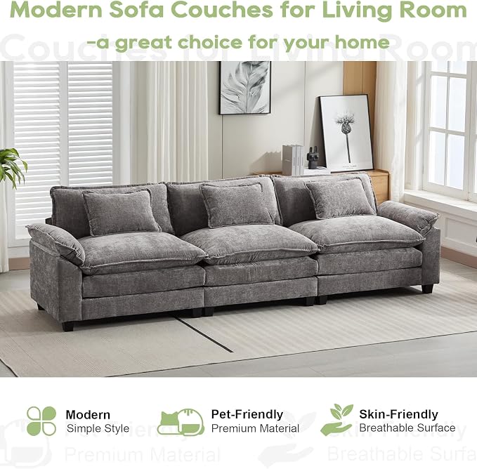 Oprisen 120" Modular Sectional Sofa, Comfy Cloud Couch Sectional Sofa, Chenille Sofa Sleeper Deep Seat Sofa with Throw Pillows for Living Room (Light Gray, 120"- 3 Seater)