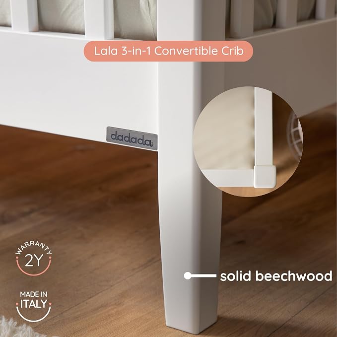 dadada Baby LaLa 3-in-1 Convertible Crib- Converts to Toddler Bed & Daybed- Adjustable Mattress Height – 3 Positions - Made in Italy - Solid Beechwood (White)