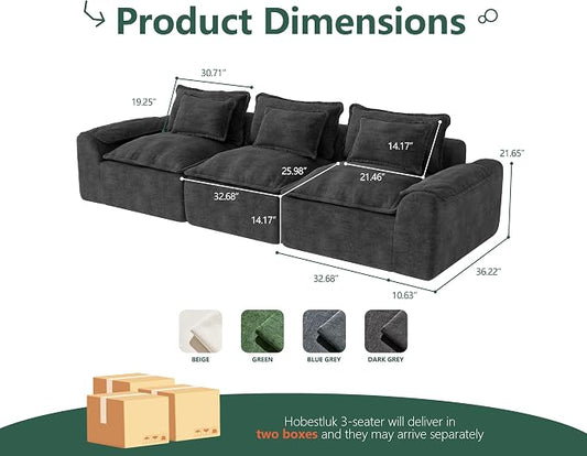 Hobestluk 120" Cloud Sectional Couch 3-Seater Sofa with Deep Seat Modular Sofa with Removable Cover Large Sofa Couch for Living Room (Dark Grey, 3-Seater Sofa)