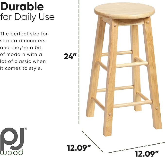 PJ Wood Classic 24 Inch Tall Round Kitchen Counter Stool Seats with Backless Design and 4 Square Legs, Natural Brown (2 Pack)