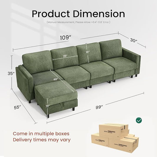 KKL Modular Sectional Sofa Bed with Storage Ottoman, Convertible L/U-Shaped Sleeper Couch for Living Room, Modern Reversible Design(Green,5 Seater L Shape)
