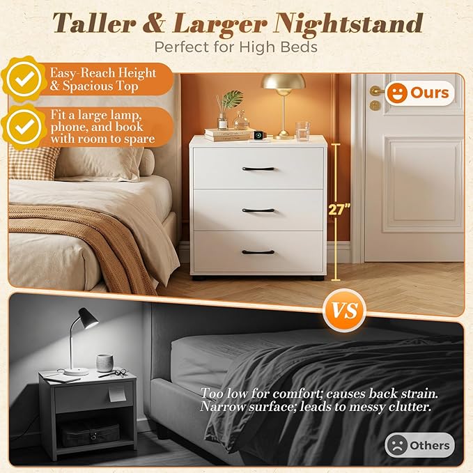 Aheaplus Night Stand Set of 2 with Charger Station, 21.7'' Wider Nightstands with 3 Wooden Drawers, Large Tall Bedside Table, Modern End Side Table Set, Nightstand for Bedroom, White
