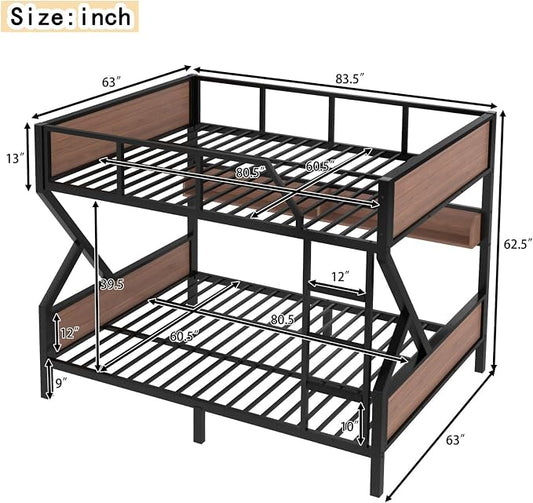 KEIKI Queen Over Queen Bunk Bed, Heavy Duty Metal Bunkbed with Storage Shelves, Lights, Bottom Space & Guardrail for Aldults Dorm Bedroom Guest Room, No Box Spring Needed, Noise-Free Design