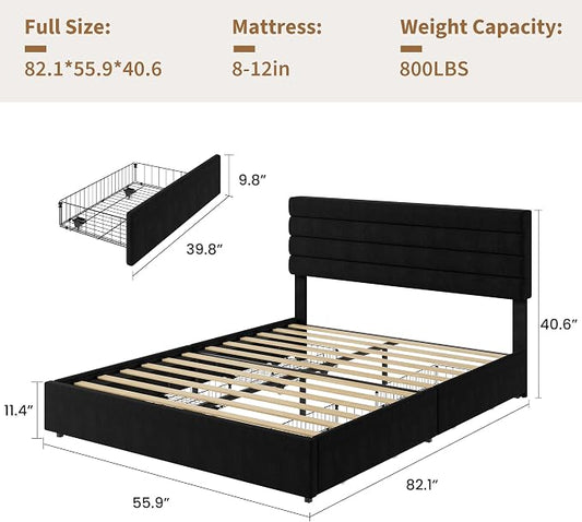 Garvee Full Size Bed Frame, Velvet Upholstered Platform Storage Bed with 4 Drawers, Wooden Slats Support, No Box Spring Needed, Easy Assembly, Black