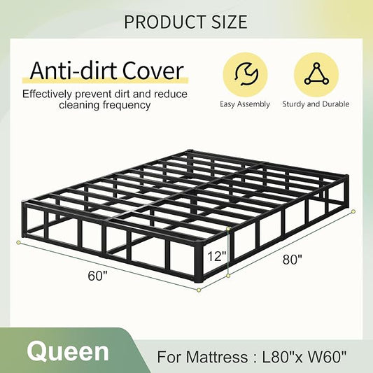 Lutown-Teen 12 Inch Queen Box Spring High Profile, Heavy Duty Metal Box Spring for Queen Bed Base with Fabric Cover, Mattress Foundation, Noise Free, Easy Assembly