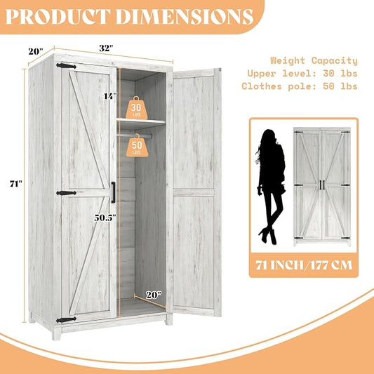 LUXOAK 70" Large Armoire Wardrobe Closet with Hanging Rod, Farmhouse Clothing Storage Cabinet with 2 Barn Doors, Wooden Tall Bedroom Armoires with Shelf, Distressed White