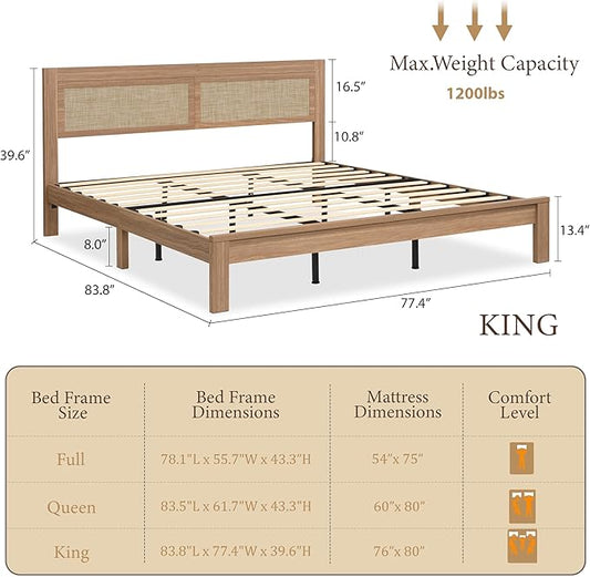 XIAO WEI 3-Piece Boho Bedroom Furniture Set, King Wood Bed Frame with Tall Rattan Headboard, Night Stand Set of 2 with Charging Station, Boho Modern Bedroom Furniture Set