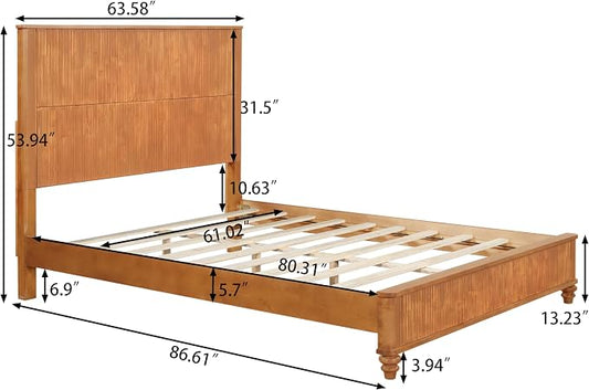 3-Pieces Bedroom Sets, Queen Size Platform Bed with 2 Nightstands, Solid Wood Platform Bed Frame with Tall Headboard and Classic American Turned Legs (Natural, Queen)