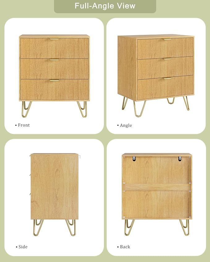 Oak Dresser for Bedroom, Modern Fluted 3 Drawer Dresser with Storage, Dresser Chest of Drawers with Gold Handles for Bedroom, Living Room, Closet, Hallway, 15.8" D x 23.6" W x 27.6" H