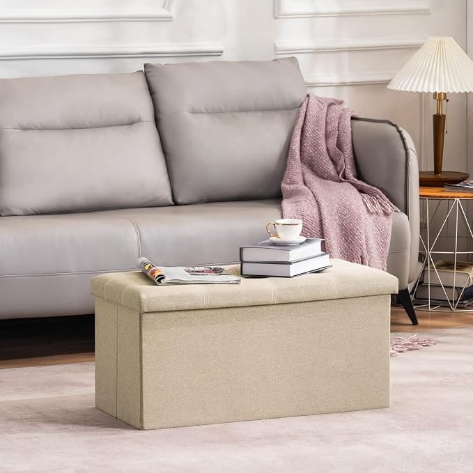 YOUDENOVA 30 Inch Storage Ottoman, Folding Ottoman with Storage, Linen Storage Bench Supports Up to 350 lbs, Footrest Seat for Living Room, Bedroom, Beige