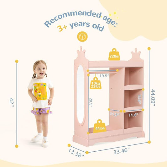 Curipeer Kids Dress up Storage with Mirror, Kids Wardrobe with Storage & 3 Hooks, Kids Closet for Girls Boys, Kids Costume Organizer, Open Hanging Armoire Wardrobe Closet for Bedroom, Pink