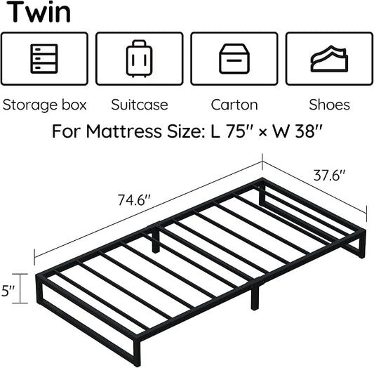 Richwanone 5 Inch Twin Bed Frames, Heavy Duty Metal Platform Bed, Black | Twin Size Bed Frames, Metal Platform Mattress Foundation with Steel Slat Support, No Box Spring Needed, Easy Assembly