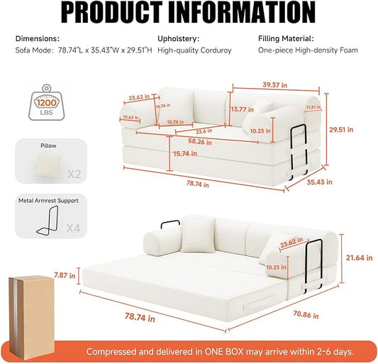 79" Corduroy Sofa Bed, Boneless Couch in a Box with 2 Pillows, High-Density Foam 4-in-1 Foldable Sleeper Futon Loveseat for Small Spaces, No Assembly, Side Pockets, Round Arm White