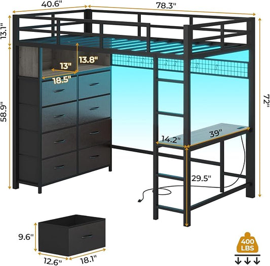 ADORNEVE Twin Size Loft Bed with Desk and 8 Storage Drawers, Metal Loft Bed Twin with LED Lights & Charging Sation, Storage Shelves, 13.1" H Safety Guard & Ladder, No Box Spring Needed, Grey
