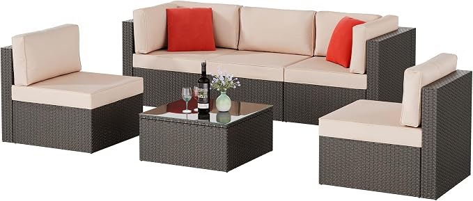 6 Pieces Patio Furniture Set Outdoor Couch Wicker Sectional Sofa, Beige
