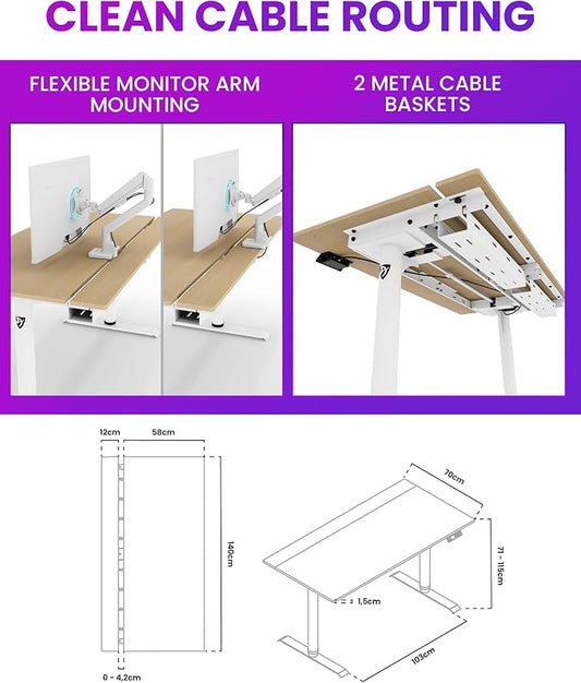 Arozzi Arena Nordico Gamer Desk – 55x27.6” Electric Standing Table – PC Gaming Desk with Storage for Cables - Dual Cable Baskets, Split Tabletop, Monitor Arm Friendly - Light Birch