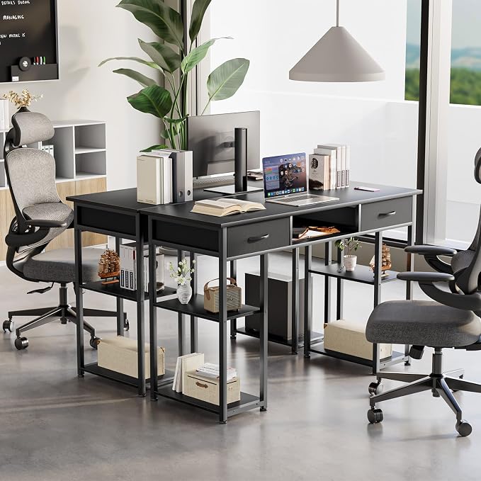 DUMOS 48" Small Computer Home Office Desk for Bedroom with Drawers, Gaming Writing Study Table with Storage Shelf, Adjustable Feet, Compact Desk for Gaming and Home Office Use, Black