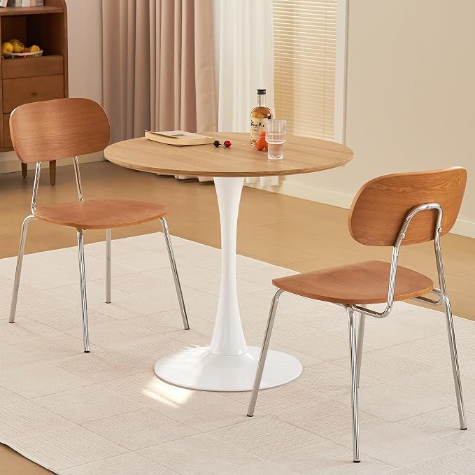 Round Dining Table, 31.5" Circle Tulip Table with Thickened Tabletop & Metal Pedestal, Mid Century Modern Bistro Table for Kitchen, Small Places, Living Room, Cafe (Faux Oak)