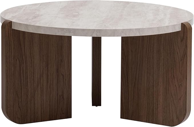 COSIEST 31.5" Round Coffee Table, Faux Marble Tabletop with Walnut Wood Grain Legs, Modern Minimalist Center Table for Living Room, Waterproof & Easy Assembly, Off-White