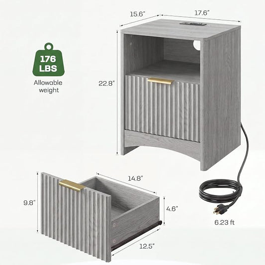 Marsail Fluted Nightstand Set of 2, Wooden Nightstands with Drawers, Modern Bedside Table with Charging Station and Storage, End Table with Storage Side Table for Bedroom, Grey