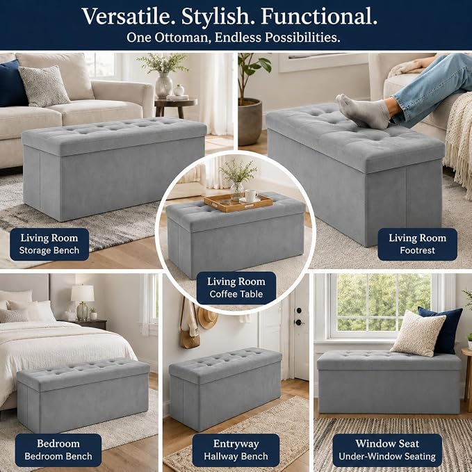 ALASDO 43 Inch Folding Storage Ottoman Bench with Hidden Storage, Velvet Storage Ottoman Foot Rest Stool, End of Bed Bench for Bedroom, Living Room, Entryway and Closet, Dark Gray