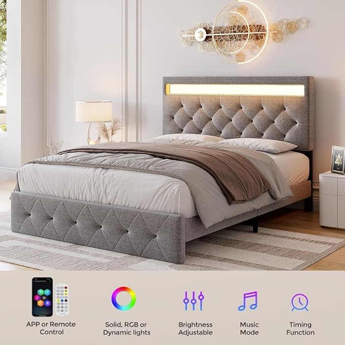 GarveeHome Queen Size Bed Frame with Charging Station and LED Lights, Upholstered Bed Frame with Adjustable Headboard, Heavy Duty Wood Slats, No Box Spring Needed, Easy Assembly, Grey