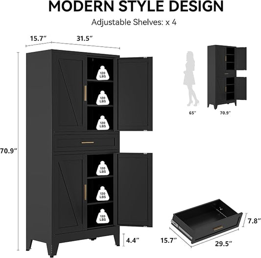 COFaR 71" Metal Pantry Cabinet with Drawer, Black Storage Cabinet with Adjustable Shelves, 3-Section Industrial Cupboard for Kitchen & Office