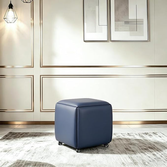 5 in 1 Nesting Ottoman Cube Chair, Stackable Stools, Leather Square Ottoman Bench, Foot Stool with Wheels for Living Room,Dining Room 15.75x15.75x16.54 inches