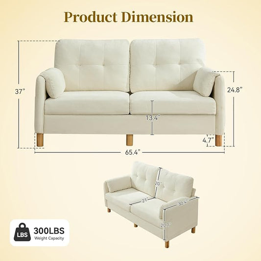 65" Loveseat Sofa, Mid Century Loveseat Couch for Living Room with Storage Pockets, Upholstered Small Loveseat for Small Spaces, Bedroom, Home Office, Apartments, Small Sofa Chenille Beige