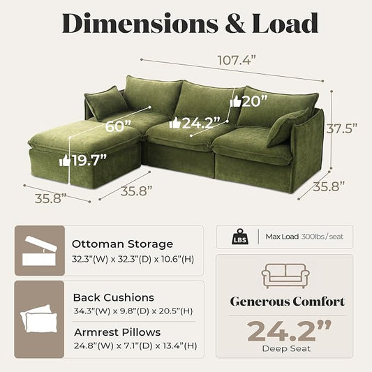 Cloud Modular Sectional Sofa, Oversized Deep Seat Comfort, Luxe Chenille | Fully Removable Washable Covers, Memory Foam Seat Cushions, Storage Ottoman, Premium Fabric