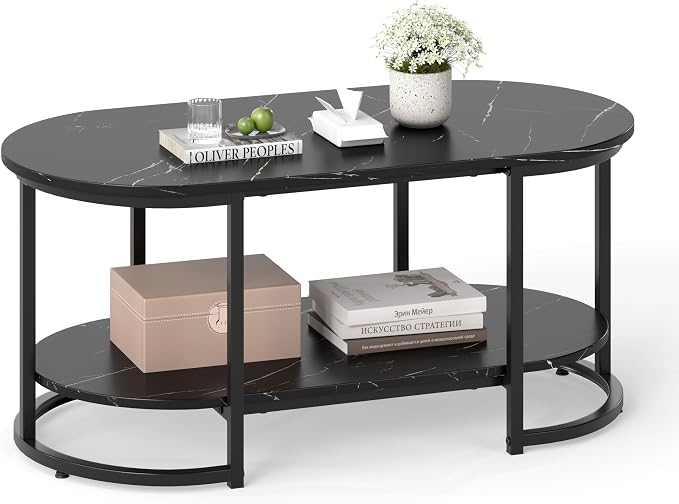 Giantex 2-Tier Coffee Table, Oval Center Table with Faux Marble Top & Open Storage Shelf, Modern Accent Table with Heavy Duty Metal Frame, Cocktail Table for Living Room Reception (Black Marble)