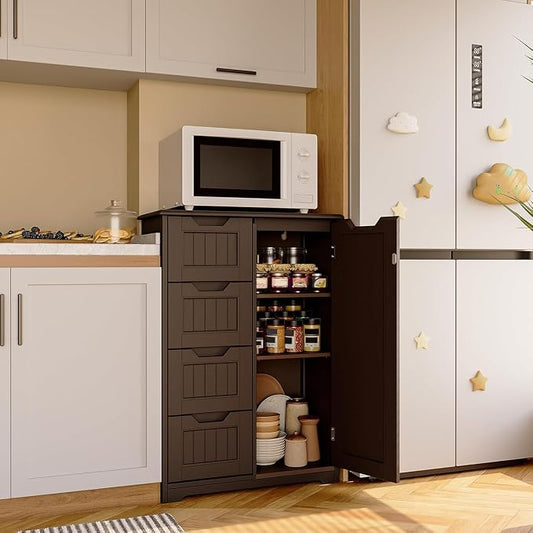 Gizoon Small Kitchen Pantry with Door and Shelves, 33'' Pantry Storage Cabinet Freestanding Wooden Bathroom Storage Cabinet with 4 Drawers for Kitchen and Dining Room, Dark Brown, Painted