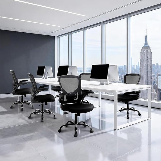 Flysky Mesh Office Chair, Ergonomic Computer Desk Chairs for Home Office - with Comfy/Comfortable Flip-up Arm Rests, Lumbar Support, Height Adjustable, 360 Degree Rolling Swivel (Black, 6 Pack)