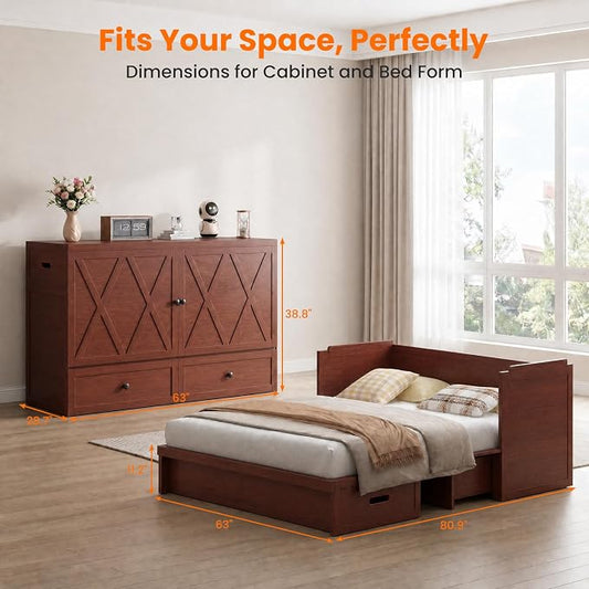 CECER Murphy Bed Queen with Mattress Included for Guest/Small Space-Maroon | Built-in Multi-Port Charging Station & Large Storage Drawer,Space Saving & Easy Assemble and Conversion