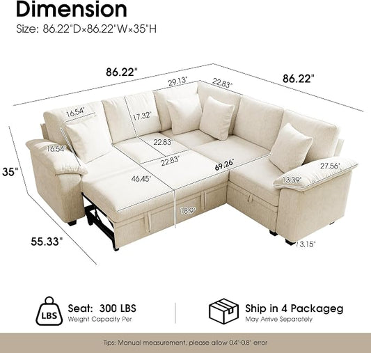 86" Modular Sectional Sleeper Sofa with Pull Out Bed, L Shaped 5 Seat Couch with 151L Storage, Convertible Cloud Couch Bed, Sectional Couches for Living Room, Apartment (Beige)